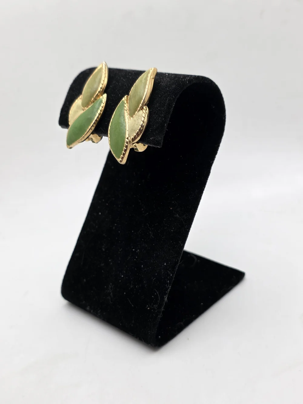 Gold Tone Green Leaf Clip-On Earrings